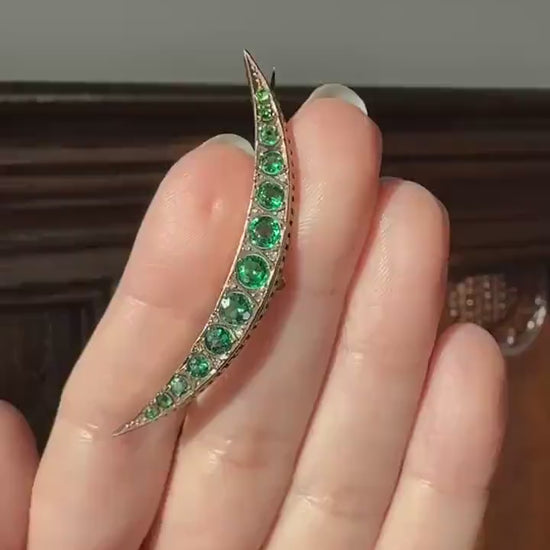 Large MOON Crescent Brooch 9k Gold c1905 Green Paste Rose Cut DIAMOND Extender Connector Pendant Holder Figural Celestial Pin