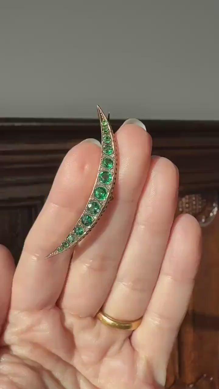 Large MOON Crescent Brooch 9k Gold c1905 Green Paste Rose Cut DIAMOND Extender Connector Pendant Holder Figural Celestial Pin