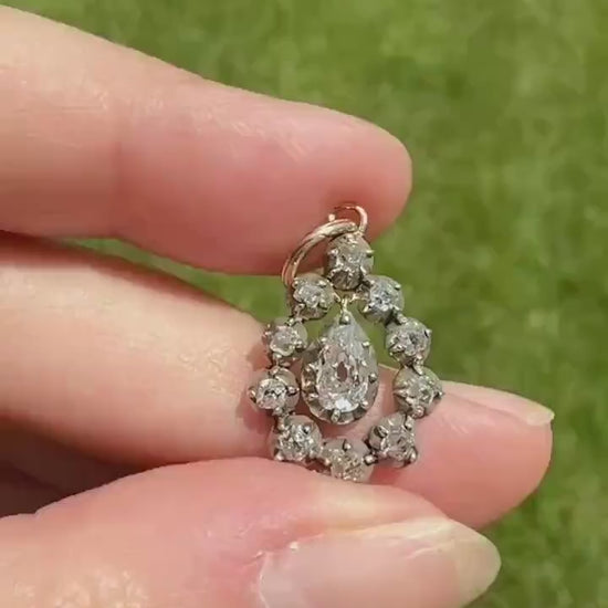GEORGIAN Era Antique 1.1 Carat Old Mine Peruzzi Cut DIAMOND Pear Teardrop Cluster Pendant Split Ring French 18k Gold Silver Dangle OMC Gift