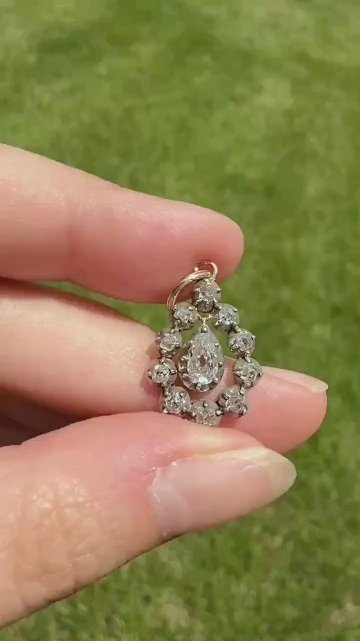 GEORGIAN Era Antique 1.1 Carat Old Mine Peruzzi Cut DIAMOND Pear Teardrop Cluster Pendant Split Ring French 18k Gold Silver Dangle OMC Gift