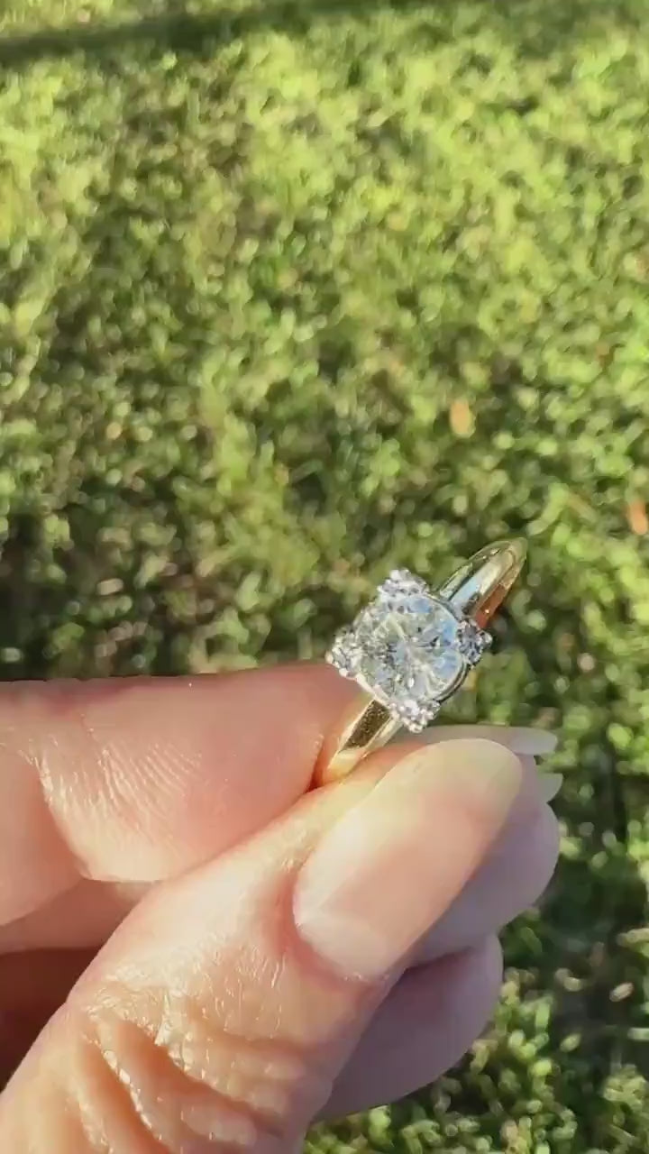 Vintage .67 Carat Transitional Cut Diamond Solitaire Ring 14k Gold Art Deco Square Face Knife Edge Band Engagement Stacker
