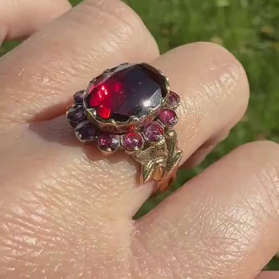 Perpignan GARNET Oval Almandine Cluster Ring French VICTORIAN Era Hallmark 18k Gold Floral Leaf Glowing Berry Pink Purple Red Romantic Gift