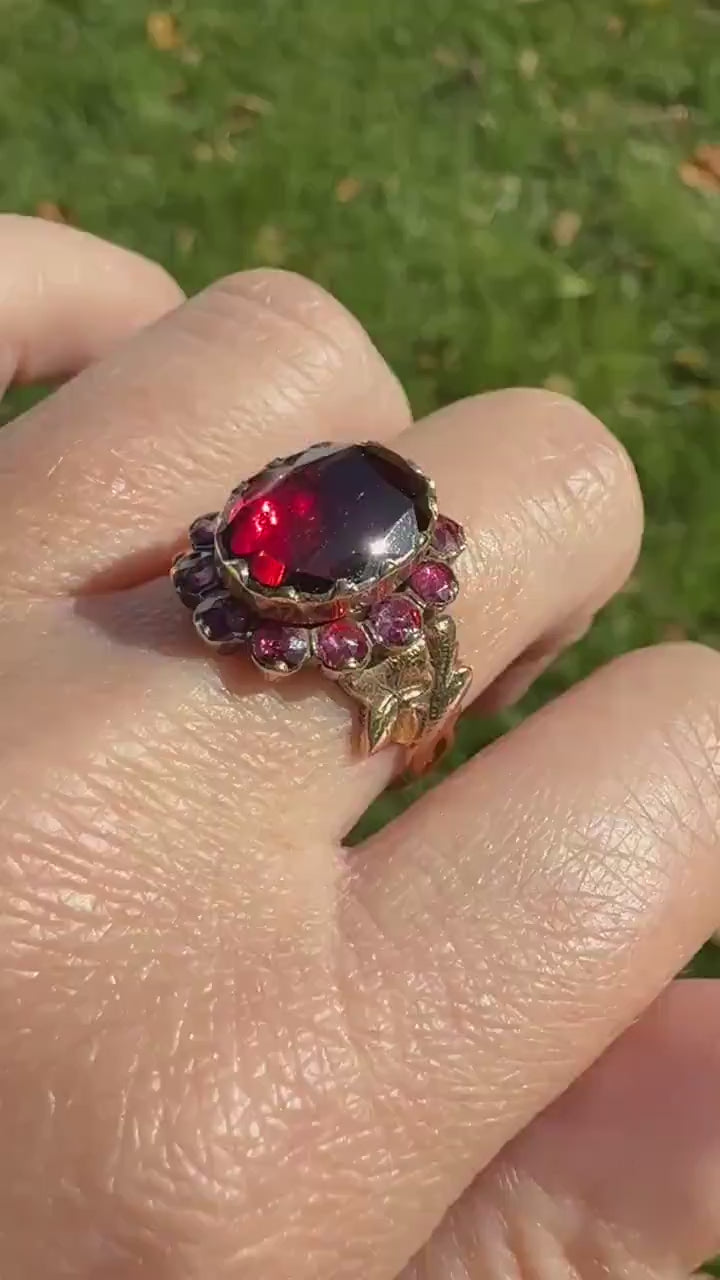 Perpignan GARNET Oval Almandine Cluster Ring French VICTORIAN Era Hallmark 18k Gold Floral Leaf Glowing Berry Pink Purple Red Romantic Gift