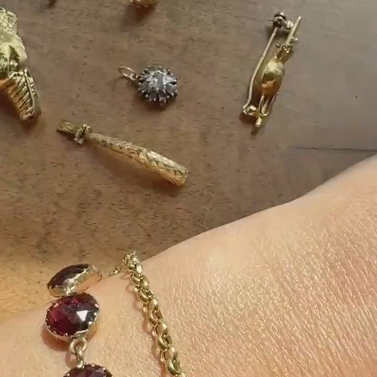 French Antique Albertina Watch Chain Cube Sputnik Ball Rivet Charms 9.3g 18k GOLD Solid Curb Link XL Spring Ring Extender Bracelet Connector
