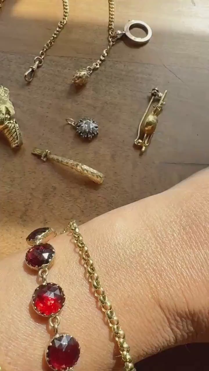 French Antique Albertina Watch Chain Cube Sputnik Ball Rivet Charms 9.3g 18k GOLD Solid Curb Link XL Spring Ring Extender Bracelet Connector