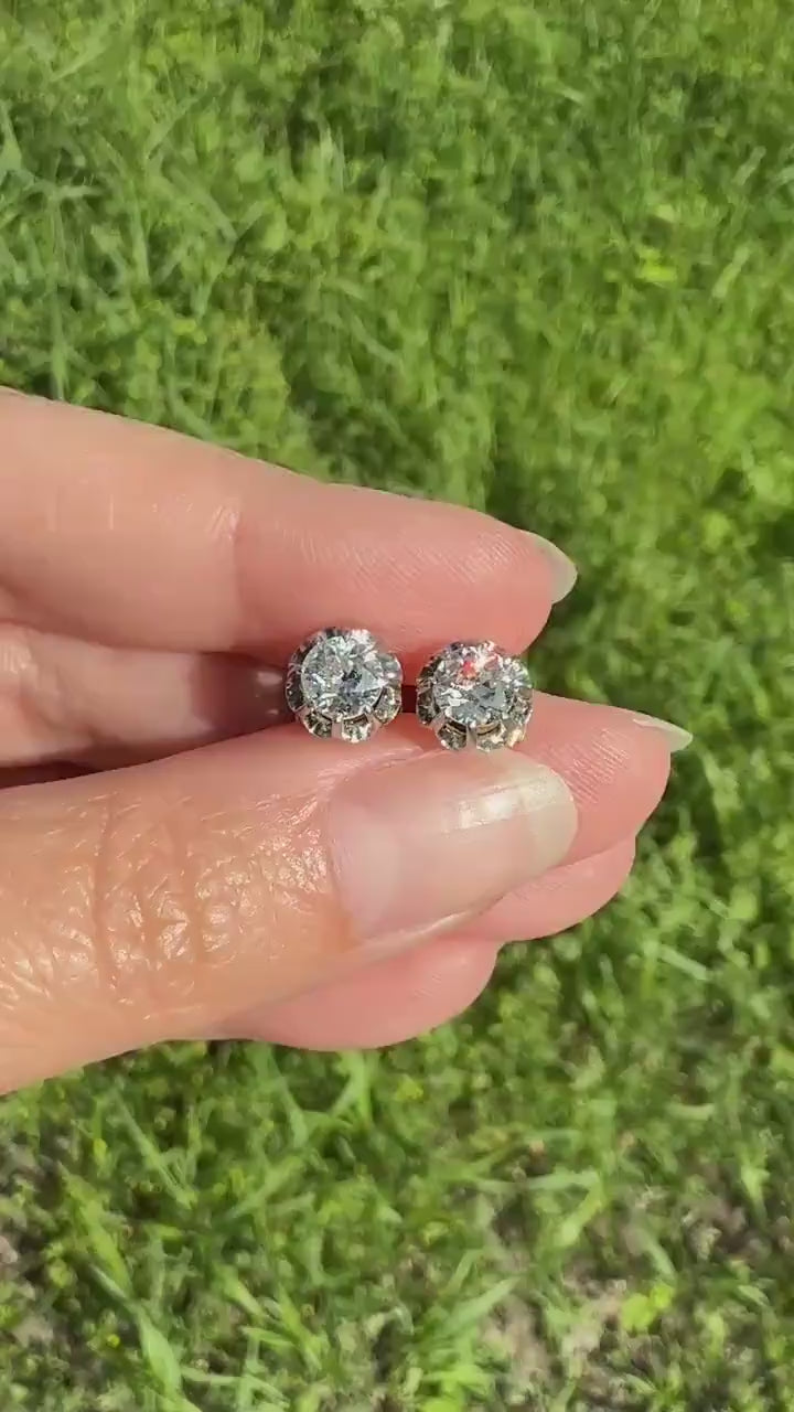 Antique 1 Carat Tdw Old Mine Cut DIAMOND Buttercup Prong Stud Earrings French 18k Gold Romantic Gift Earstack Victorian Belle Epoque 1Ct OMC