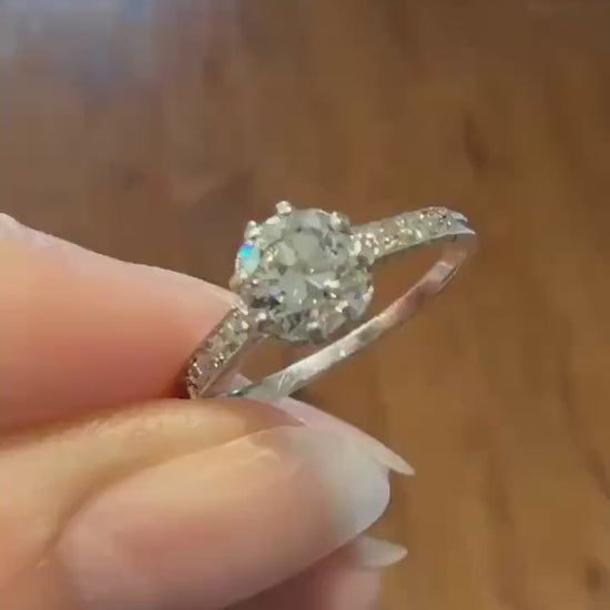 Vintage 0.88 Carat Transitional Cut Natural DIAMOND Ring 1Ctw French Platinum Solitaire w Accents Art Deco Engraved  Stacker Band Engagement