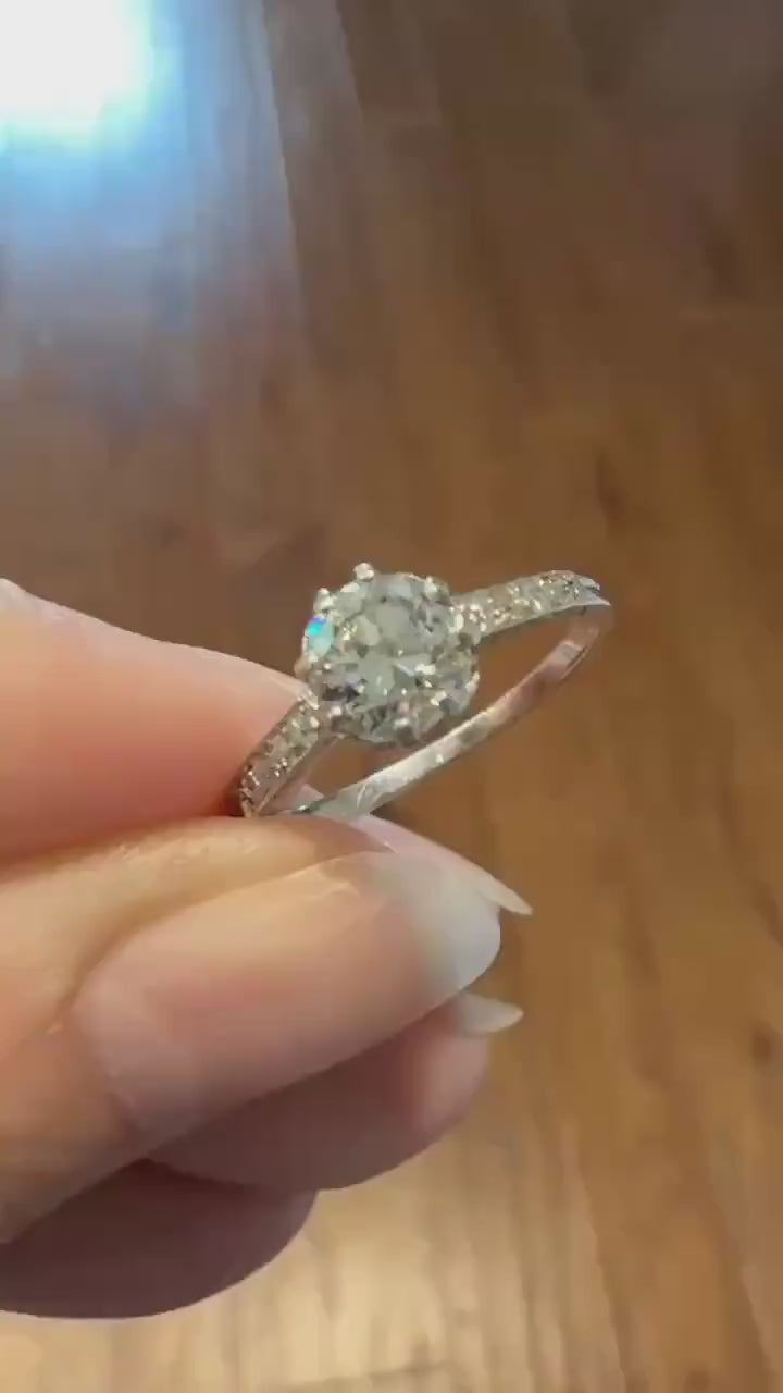 Vintage 0.88 Carat Transitional Cut Natural DIAMOND Ring 1Ctw French Platinum Solitaire w Accents Art Deco Engraved  Stacker Band Engagement