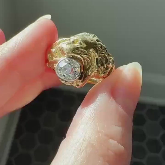 LION Antique HEAVY French 13.6g 18k GOLD Solid Ring One Carat Old Mine Cut Diamond Wide Band 3D Gift Figural Animal Jewelry Man Unisex OmC