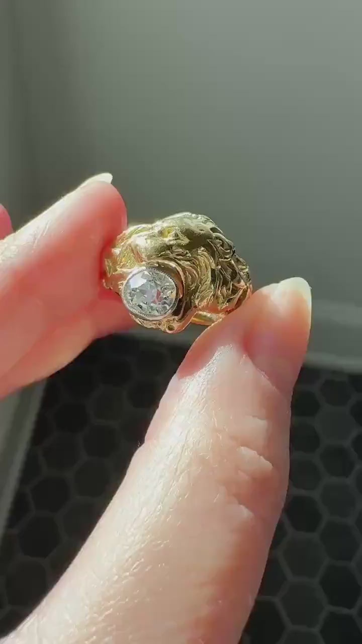 LION Antique HEAVY French 13.6g 18k GOLD Solid Ring One Carat Old Mine Cut Diamond Wide Band 3D Gift Figural Animal Jewelry Man Unisex OmC