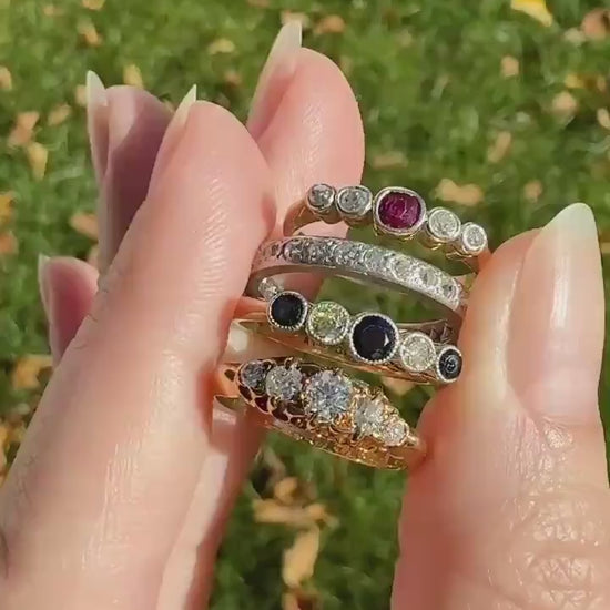 SAPPHIRE & YELLOW Old European Cut DIAMOND Five Stone Band 18k Gold Platinum Edwardian Antique Bezel Ring Romantic Gift Blue Wedding Stacker