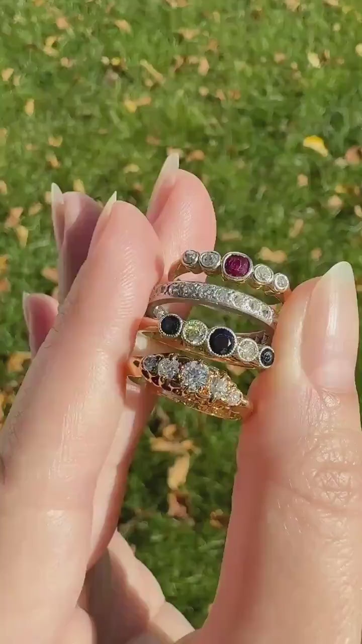 SAPPHIRE & YELLOW Old European Cut DIAMOND Five Stone Band 18k Gold Platinum Edwardian Antique Bezel Ring Romantic Gift Blue Wedding Stacker