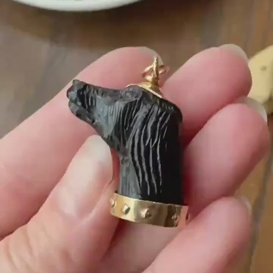 XL Victorian ANTIQUE Black Gutta Percha? 3D DOG Head Carved 18k Gold Ball Rivet Collar Figural Hunting Loyalty Hound Charm Pendant Fob