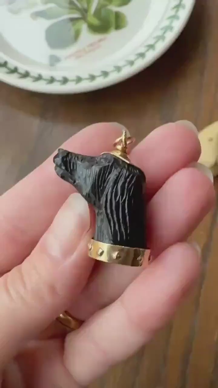 XL Victorian ANTIQUE Black Gutta Percha? 3D DOG Head Carved 18k Gold Ball Rivet Collar Figural Hunting Loyalty Hound Charm Pendant Fob