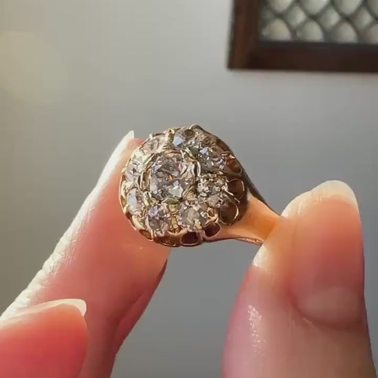 ANTIQUE 1.4 Carat 9 Old Mine Cut DIAMOND Cluster Ring 5.9g 18k Gold c1883 Romantic Gift Stacker Band OMC Victorian Halo Buttercup Belcher