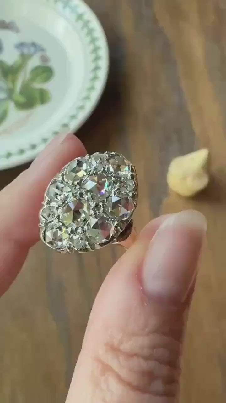 Extraordinary French Antique 3 Carat Scale Dutch Rose Cut DIAMOND 18k Gold Platinum Cluster Oval Stacker Rare Gift Bauble Fiery Disco Ball