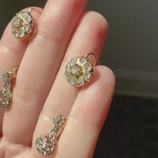 Victorian ANTIQUE Starburst Rose Cut Diamond Daisy Cluster Dormeuse Earrings French 18k Gold Solid Floral Dangle Belle Epoque