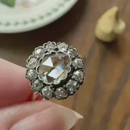 Antique Old Mine & Eye Clean Rose Cut Diamond Daisy Cluster Ring 18k Silver French Edwardian Disco Ball Halo Scalloped Stacker