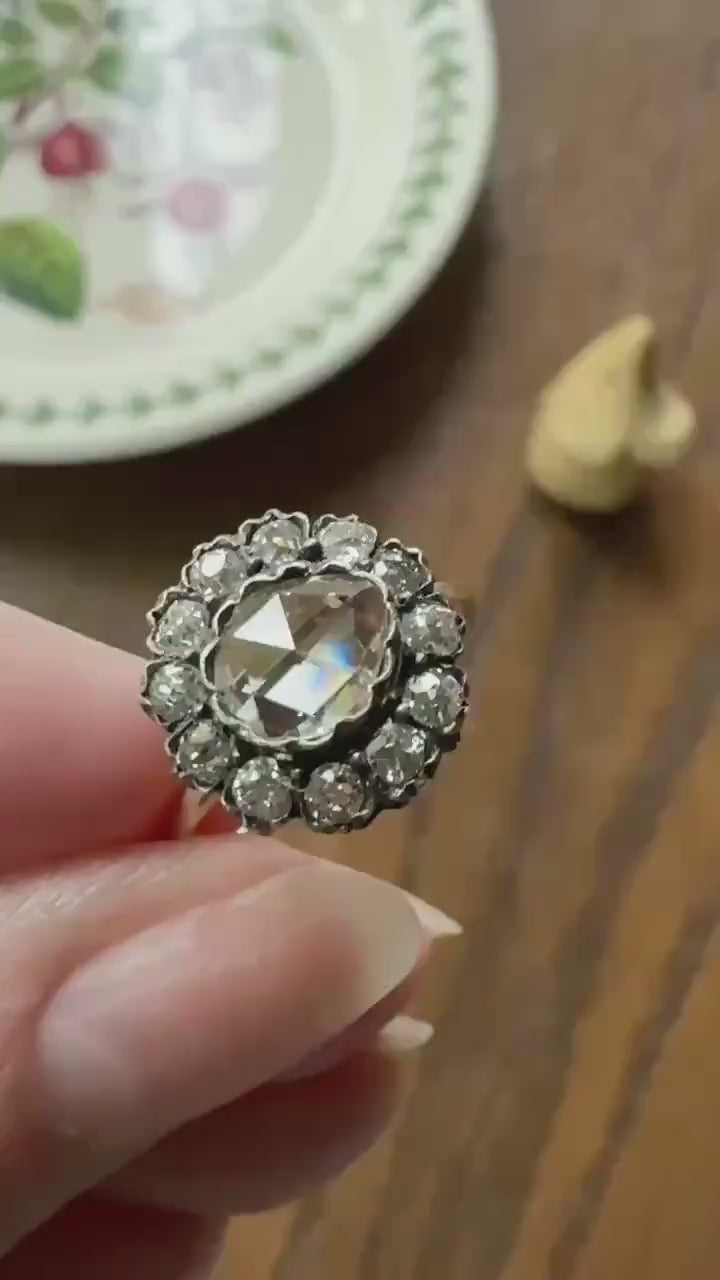Antique Old Mine & Eye Clean Rose Cut Diamond Daisy Cluster Ring 18k Silver French Edwardian Disco Ball Halo Scalloped Stacker