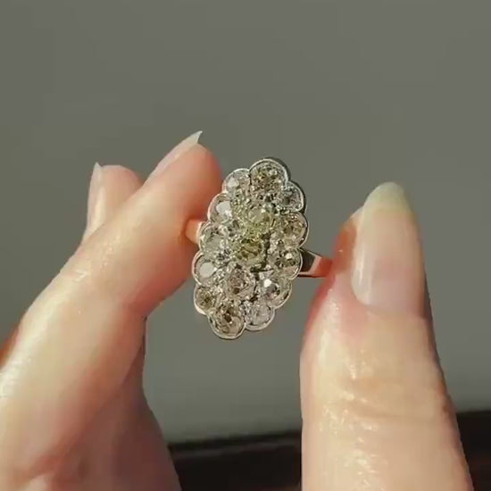 Antique 3 Carats Old Mine Cut DIAMOND Scalloped Oval Navette Ring Champagne Fancy Light Brown Green Yellow Cluster 18k Gold Silver OMC