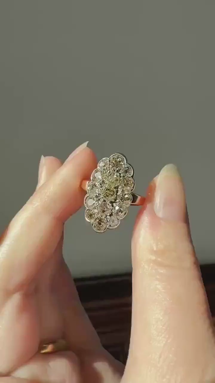 Antique 3 Carats Old Mine Cut DIAMOND Scalloped Oval Navette Ring Champagne Fancy Light Brown Green Yellow Cluster 18k Gold Silver OMC