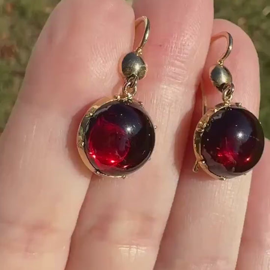 Antique Juicy GARNET Earrings French 18k Gold Collet Set Dangle Glowing Gumdrops Holiday Gift Crimson Berry Red Drops Georgian Victorian