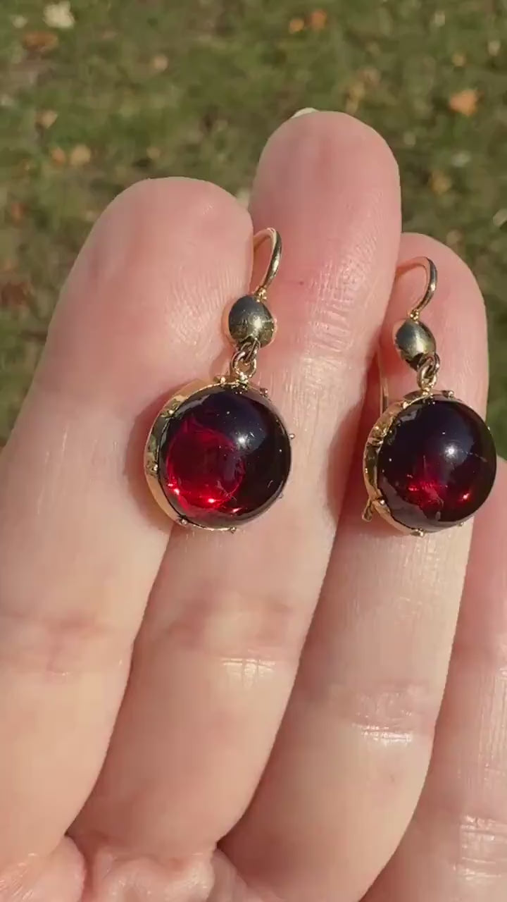 Antique Juicy GARNET Earrings French 18k Gold Collet Set Dangle Glowing Gumdrops Holiday Gift Crimson Berry Red Drops Georgian Victorian