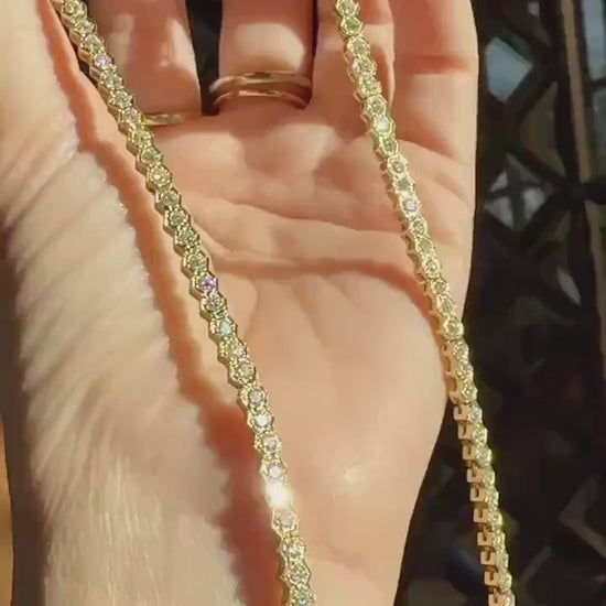 HEXAGON Vintage 5.4 Carats Natural Diamond Riviera Eternity Chain Geometric Honeycomb 24.1g 18k Gold Solid Tennis Necklace 5.4Ctw