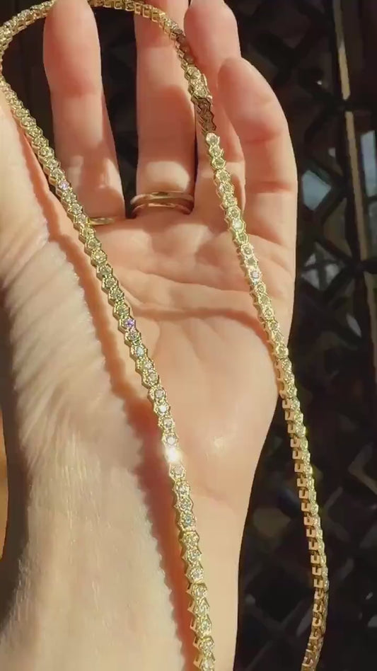 HEXAGON Vintage 5.4 Carats Natural Diamond Riviera Eternity Chain Geometric Honeycomb 24.1g 18k Gold Solid Tennis Necklace 5.4Ctw