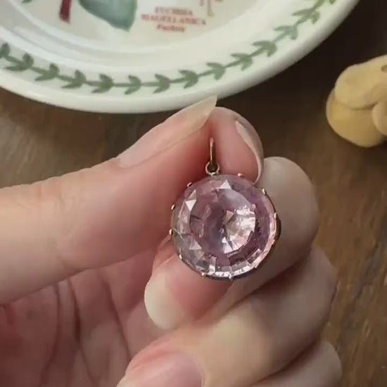 PINK Perfection Georgian Era ANTIQUE Old Cut Natural Pink Topaz Foiled Pendant 10k Gold Victorian Minimalist Glowing Pastel Collet Set