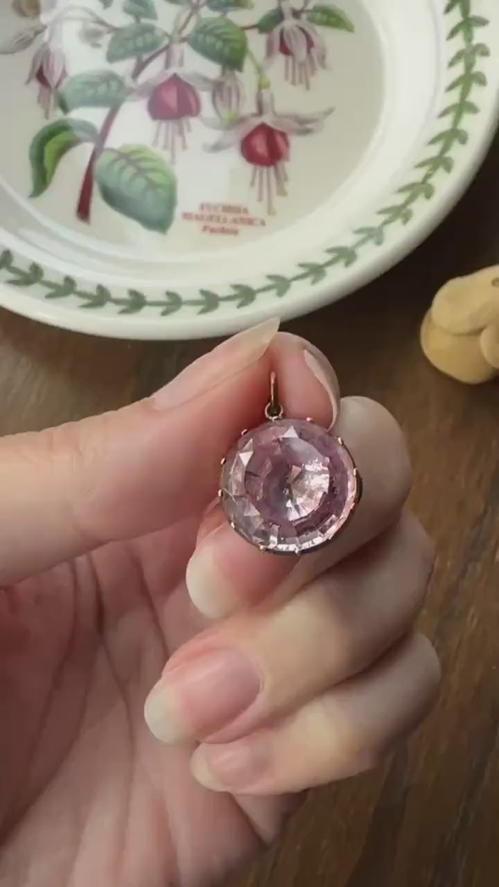 PINK Perfection Georgian Era ANTIQUE Old Cut Natural Pink Topaz Foiled Pendant 10k Gold Victorian Minimalist Glowing Pastel Collet Set