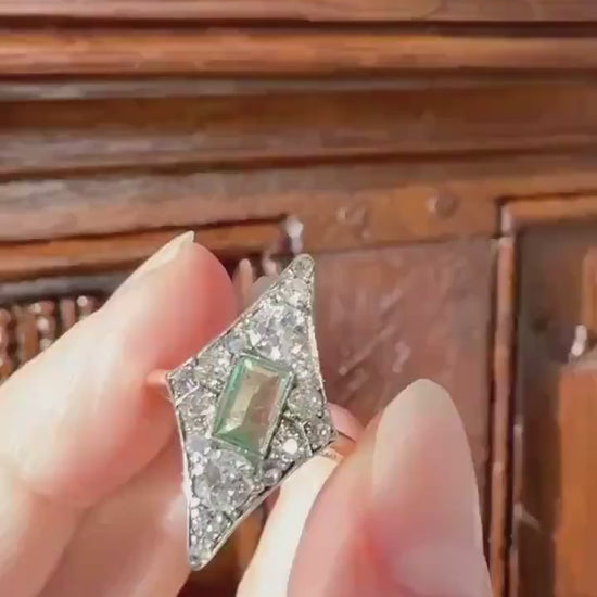 Dramatic Kite Shaped Panel Ring Green Natural Emerald 1 Carat Mixed Old Cut Diamonds Mine Rose Cluster 18k Gold & Platinum c1922 Art Deco