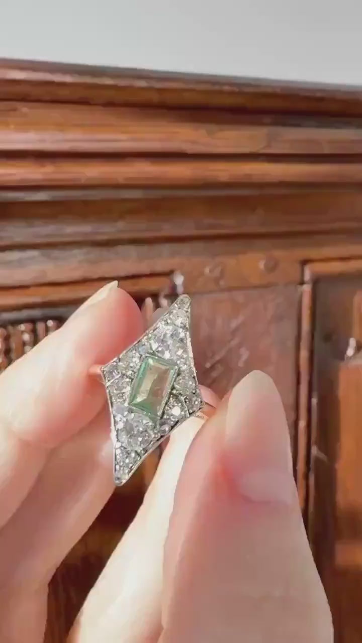 Dramatic Kite Shaped Panel Ring Green Natural Emerald 1 Carat Mixed Old Cut Diamonds Mine Rose Cluster 18k Gold & Platinum c1922 Art Deco