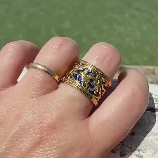 HEAVY Vintage BIRD Floral Leaf Cigar Band 14.5g 18k Gold Cobalt Blue Enamel Arabesque 13.5mm Wide Eternity Figural Stacker