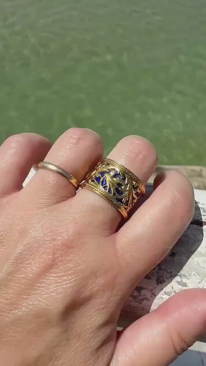 HEAVY Vintage BIRD Floral Leaf Cigar Band 14.5g 18k Gold Cobalt Blue Enamel Arabesque 13.5mm Wide Eternity Figural Stacker