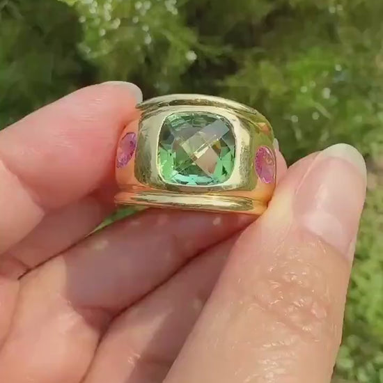 MEGA Green Tourmaline & Pink Sapphire Three Stone Ring HEAVY 20g 18k Gold Solid French Vintage Chunky Stacker Discoball Wide Band Color