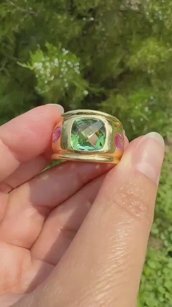 MEGA Green Tourmaline & Pink Sapphire Three Stone Ring HEAVY 20g 18k Gold Solid French Vintage Chunky Stacker Discoball Wide Band Color