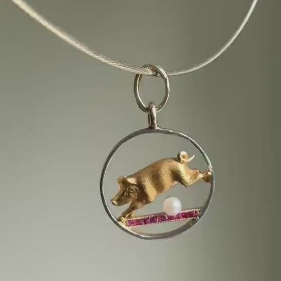 This Little Piggy Went to Spain and France Antique 18k Gold Lucky Jumping Pig Pearl Synthetic Ruby Good Luck Charm Pendant
