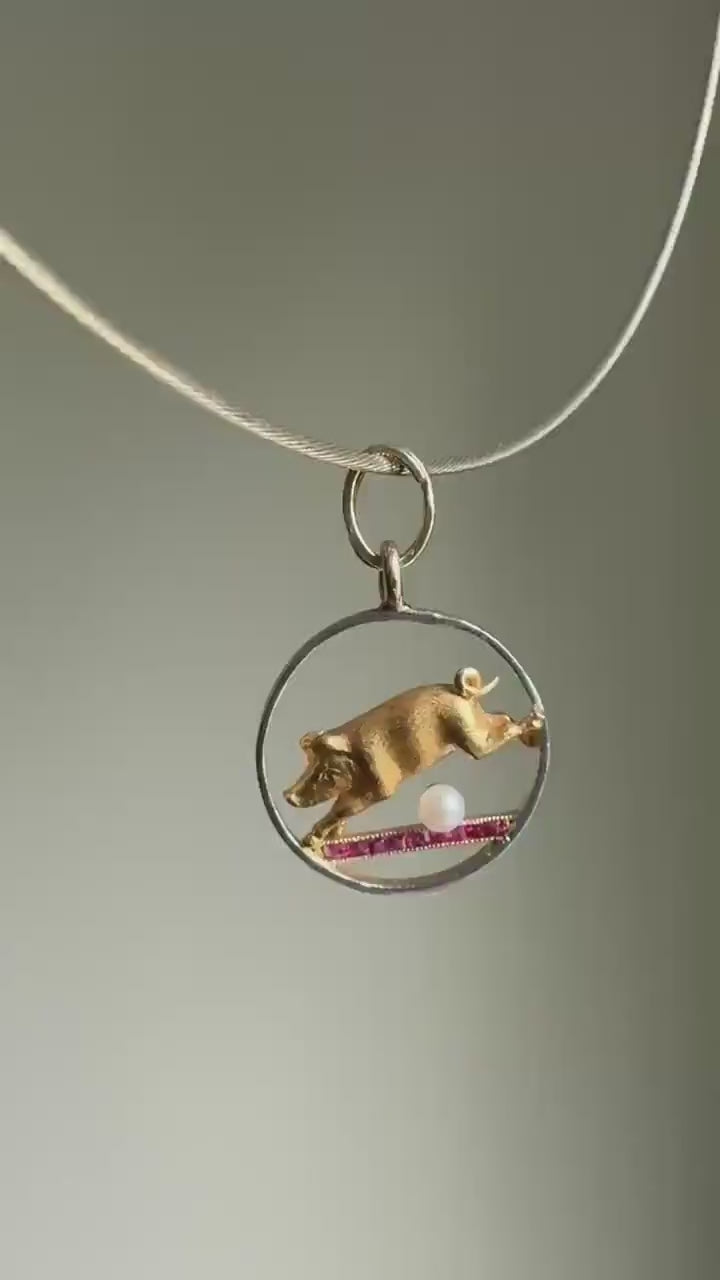 This Little Piggy Went to Spain and France Antique 18k Gold Lucky Jumping Pig Pearl Synthetic Ruby Good Luck Charm Pendant