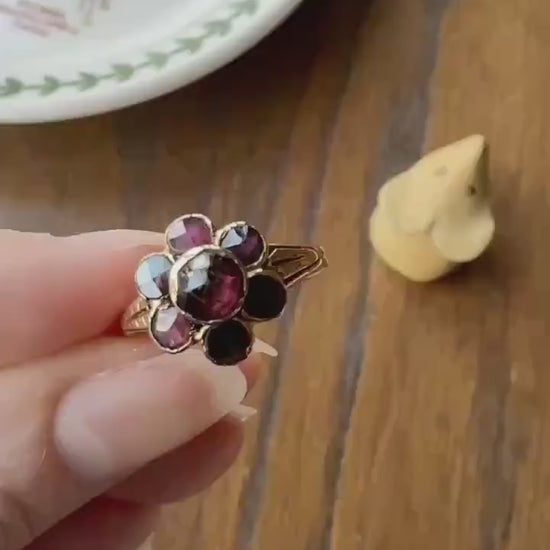 Perpignan GARNET Almandine Cluster Ring French VICTORIAN Era Hallmark 18k Gold Floral Daisy Glowing Purple Pink