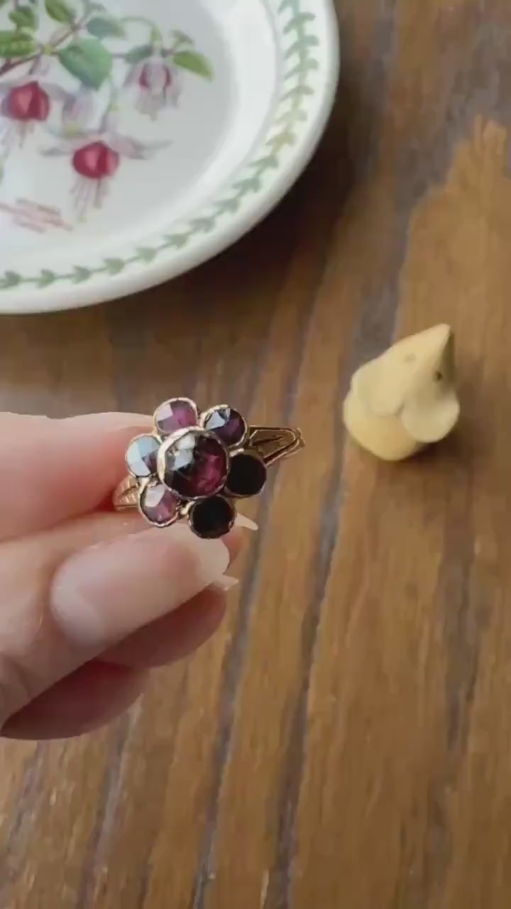 Perpignan GARNET Almandine Cluster Ring French VICTORIAN Era Hallmark 18k Gold Floral Daisy Glowing Purple Pink