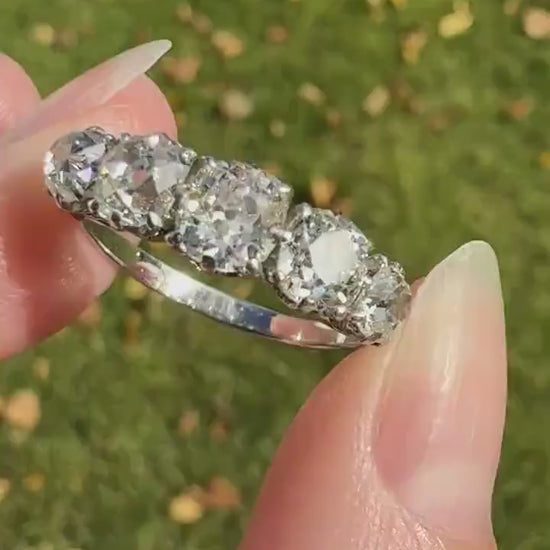 Fabulous 2.4 Carat Chunky Antique Natural Old Mine Cut DIAMOND Eye Clean Five Stone Band French 18k White Gold Platinum Solid Stacker Gift