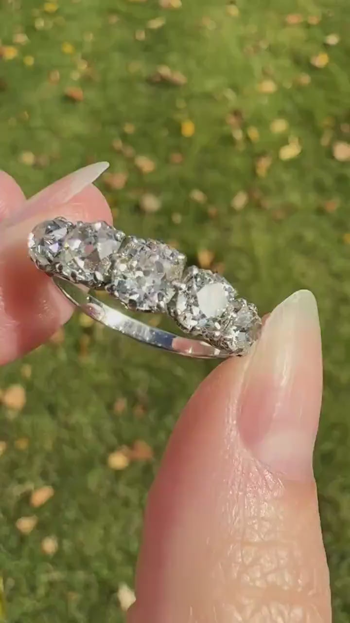 Fabulous 2.4 Carat Chunky Antique Natural Old Mine Cut DIAMOND Eye Clean Five Stone Band French 18k White Gold Platinum Solid Stacker Gift