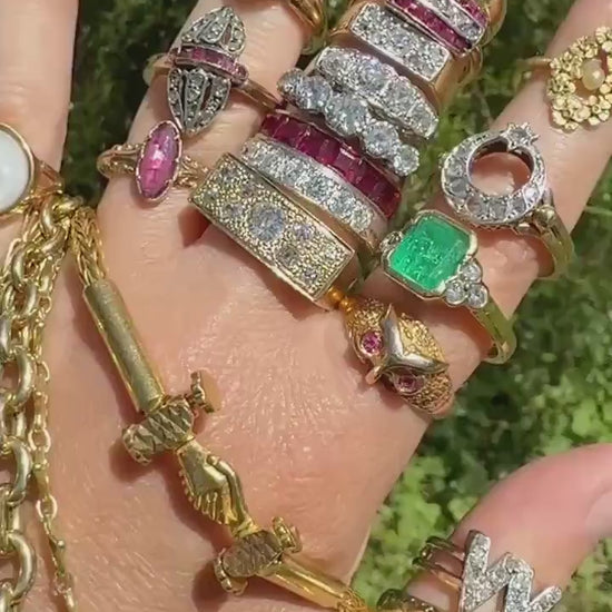 Antique INITIAL Ring M W VV 18 Old Mine Cut DIAMOND 18k Gold Ring Wide Double Band Romantic Gift Letter Stacker Monogram