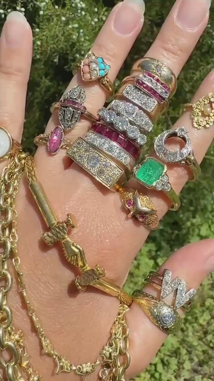 Antique INITIAL Ring M W VV 18 Old Mine Cut DIAMOND 18k Gold Ring Wide Double Band Romantic Gift Letter Stacker Monogram