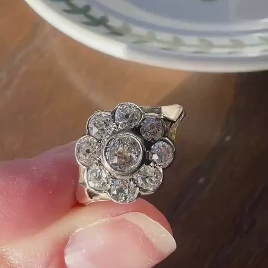 Antique Bezel Set Daisy CLUSTER Ring 1.2 CARAT Old Mine Cut DIAMOND Halo 14k Gold Stacker Victorian Edwardian Romantic Gift 1.2Ctw OmC Round