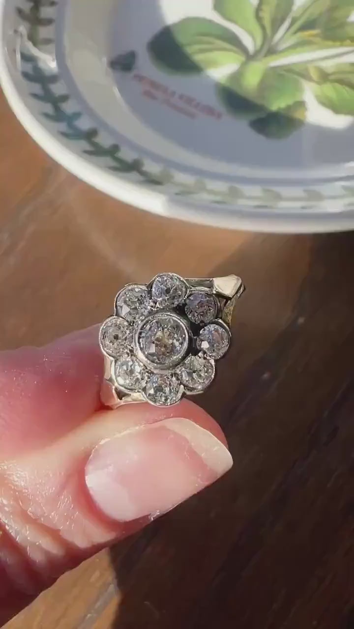 Antique Bezel Set Daisy CLUSTER Ring 1.2 CARAT Old Mine Cut DIAMOND Halo 14k Gold Stacker Victorian Edwardian Romantic Gift 1.2Ctw OmC Round