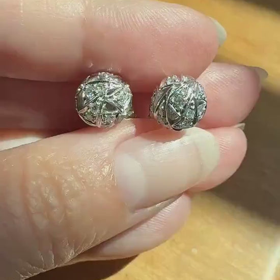 French Vintage Diamond SPHERE Studs Faceted 3D Button 18k White GOLD Solid EARRINGS Earstack Geodesic Dome
