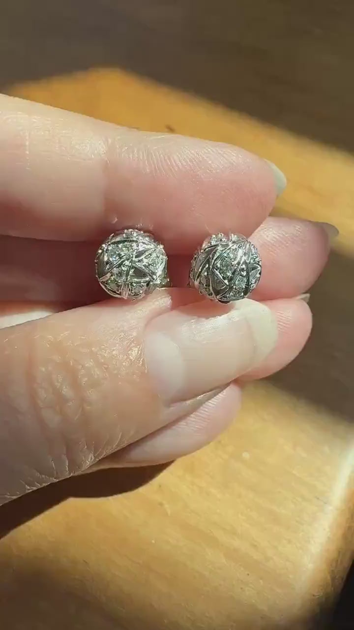 French Vintage Diamond SPHERE Studs Faceted 3D Button 18k White GOLD Solid EARRINGS Earstack Geodesic Dome