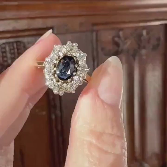 Vintage Natural SAPPHIRE Blue Antique 1.25 Carat Tdw Old Mine Cut DIAMOND Chunky Halo Ring 18k Gold 1.25Ctw OMC